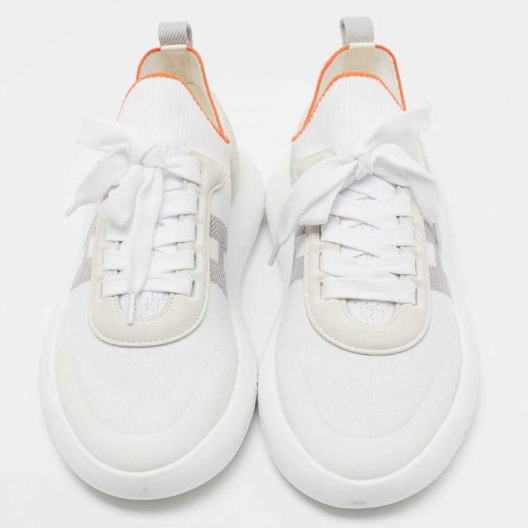 Pre Owned Hermes White Knit Fabric Crew Sneakers Size 39