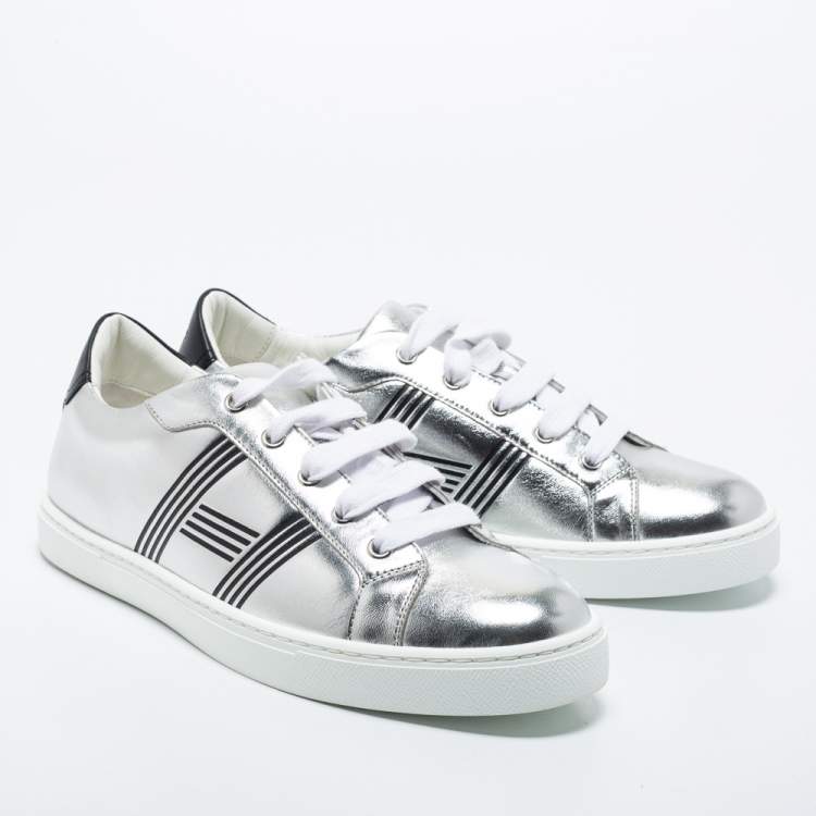 Pre Owned Hermes Silver Leather Avantage Low Top Sneakers Size 40