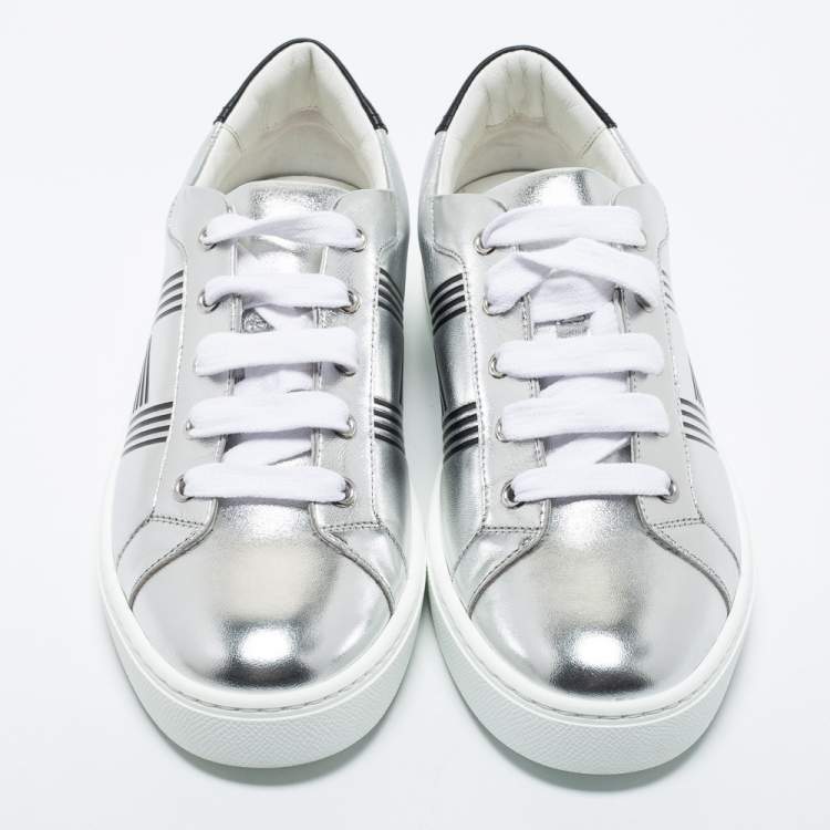 Pre Owned Hermes Silver Leather Avantage Low Top Sneakers Size 40