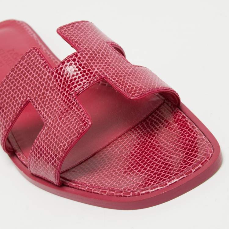 Pre Owned Hermes Pink Lizard Leather Oran Flat Slides Size 37.5