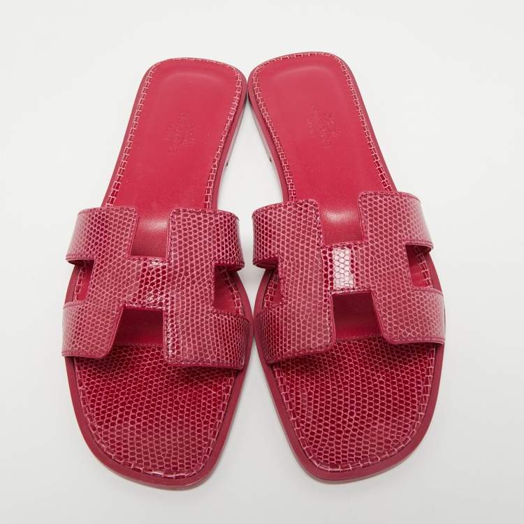 Pre Owned Hermes Pink Lizard Leather Oran Flat Slides Size 37.5