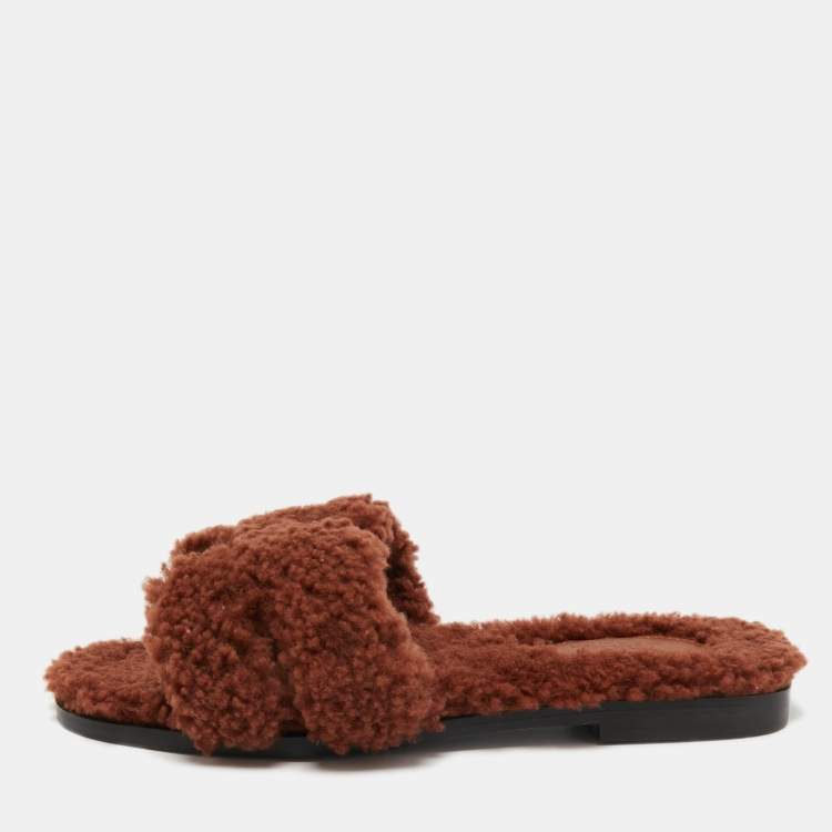 Pre Owned Hermès Brown Shearling Fur Oran Flat Slides Size 36