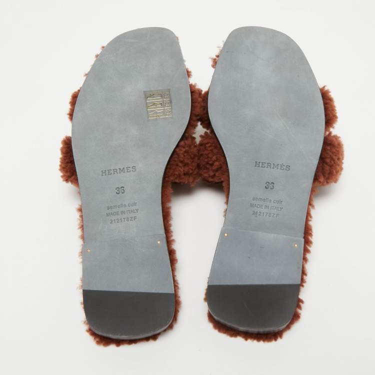 Pre Owned Hermès Brown Shearling Fur Oran Flat Slides Size 36
