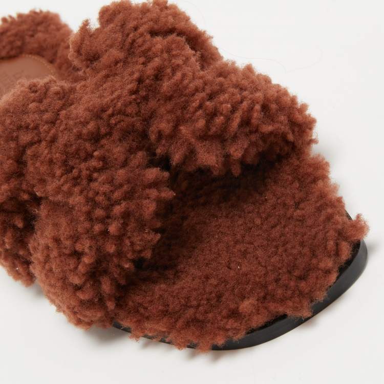 Pre Owned Hermès Brown Shearling Fur Oran Flat Slides Size 36