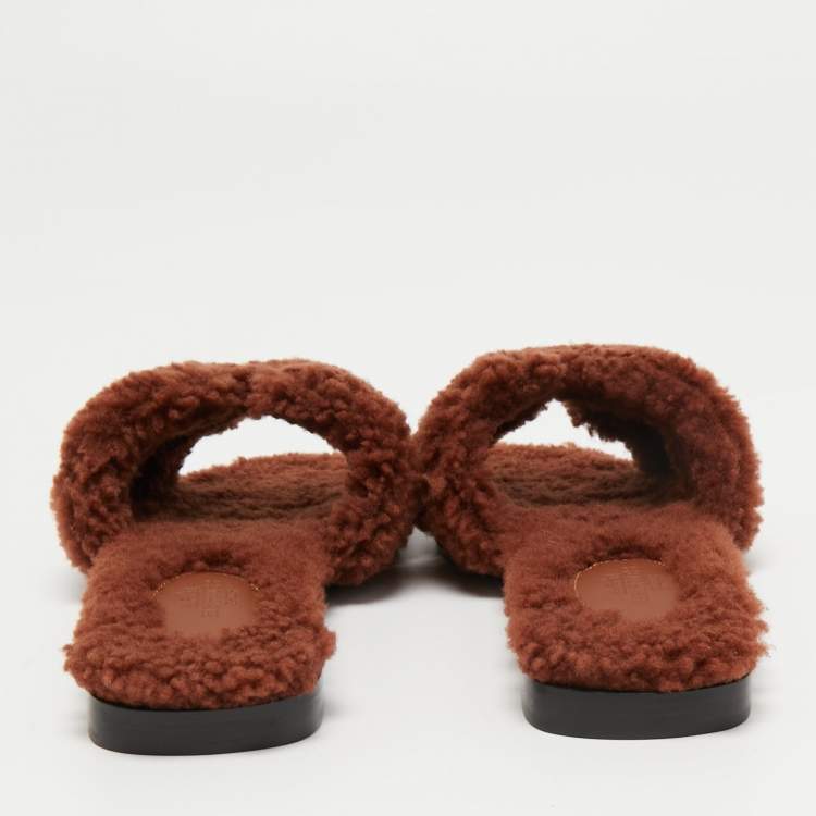 Pre Owned Hermès Brown Shearling Fur Oran Flat Slides Size 36