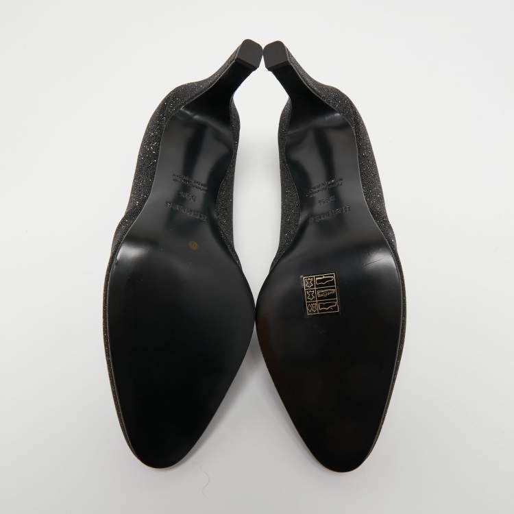 Pre Owned Hermes Black Glitter Round Toe Pumps Size 39.5