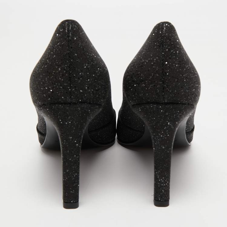 Pre Owned Hermes Black Glitter Round Toe Pumps Size 39.5