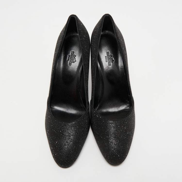 Pre Owned Hermes Black Glitter Round Toe Pumps Size 39.5