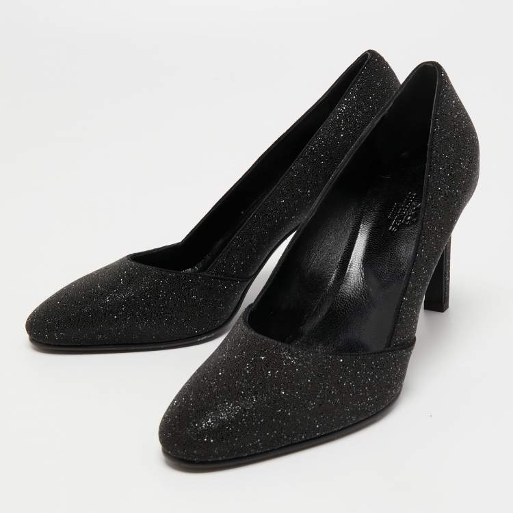 Pre Owned Hermes Black Glitter Round Toe Pumps Size 39.5
