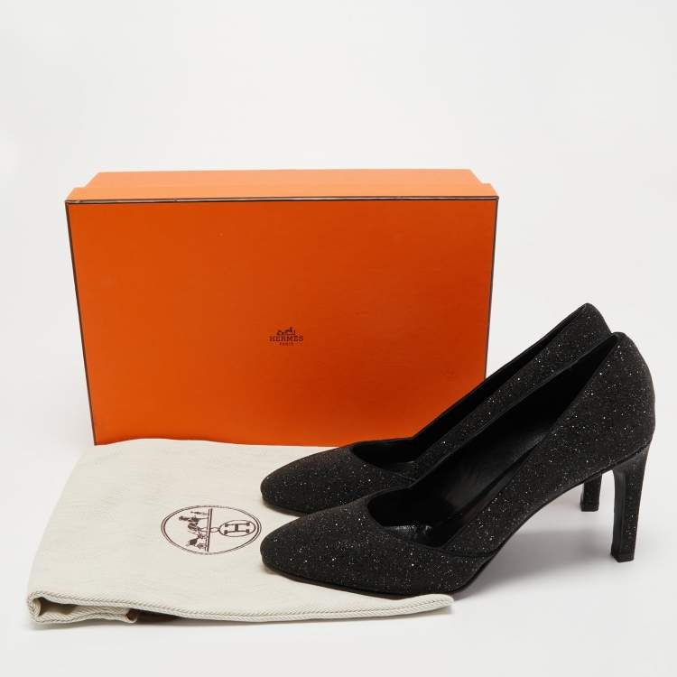 Pre Owned Hermes Black Glitter Round Toe Pumps Size 39.5