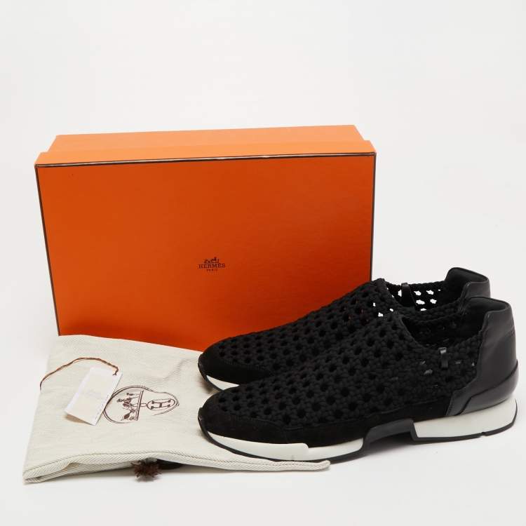 Pre Owned Hermes Black  Woven Fabric and Leather Oxygene Low Top Sneakers Size 39