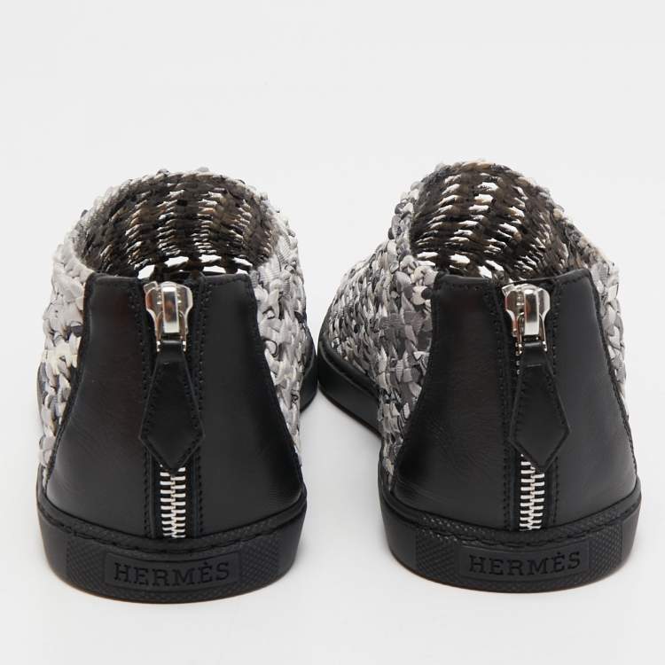 Pre Owned Hermes White/Black Woven Leather Oxygene Low Top Sneakers Size 39