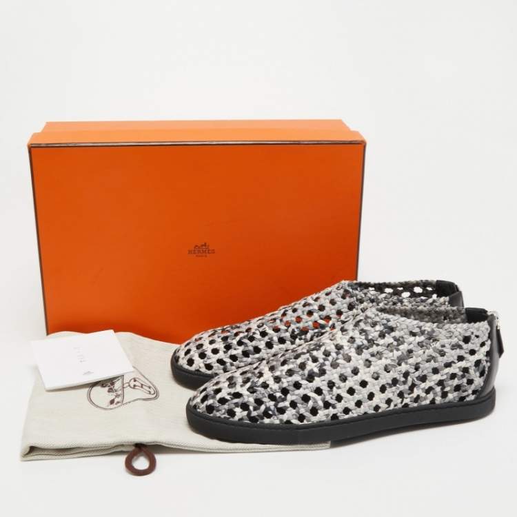 Pre Owned Hermes White/Black Woven Leather Oxygene Low Top Sneakers Size 39