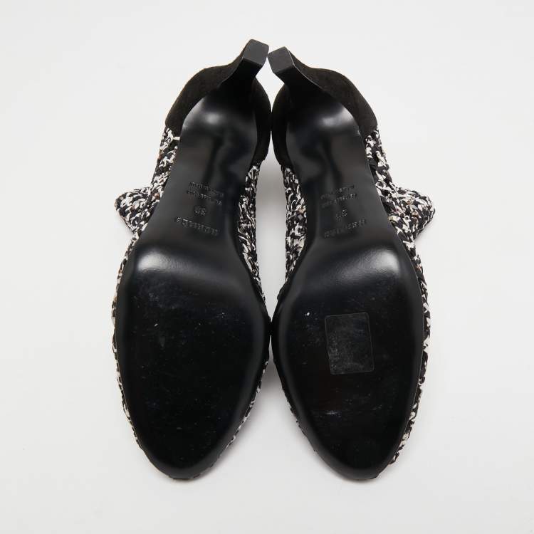 Pre Owned Hermes Black/White Woven Leather and Suede Ankle Boots Size 39 