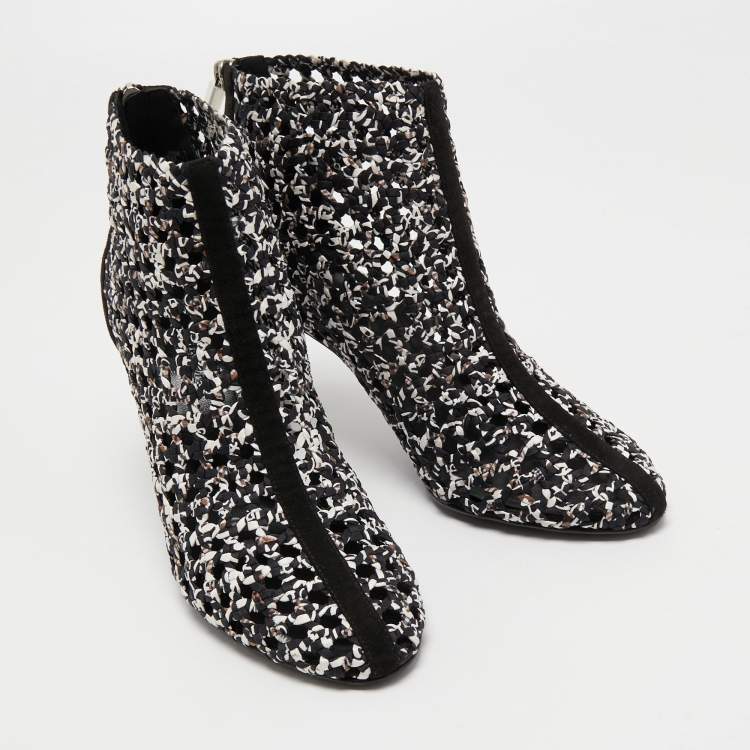 Pre Owned Hermes Black/White Woven Leather and Suede Ankle Boots Size 39 