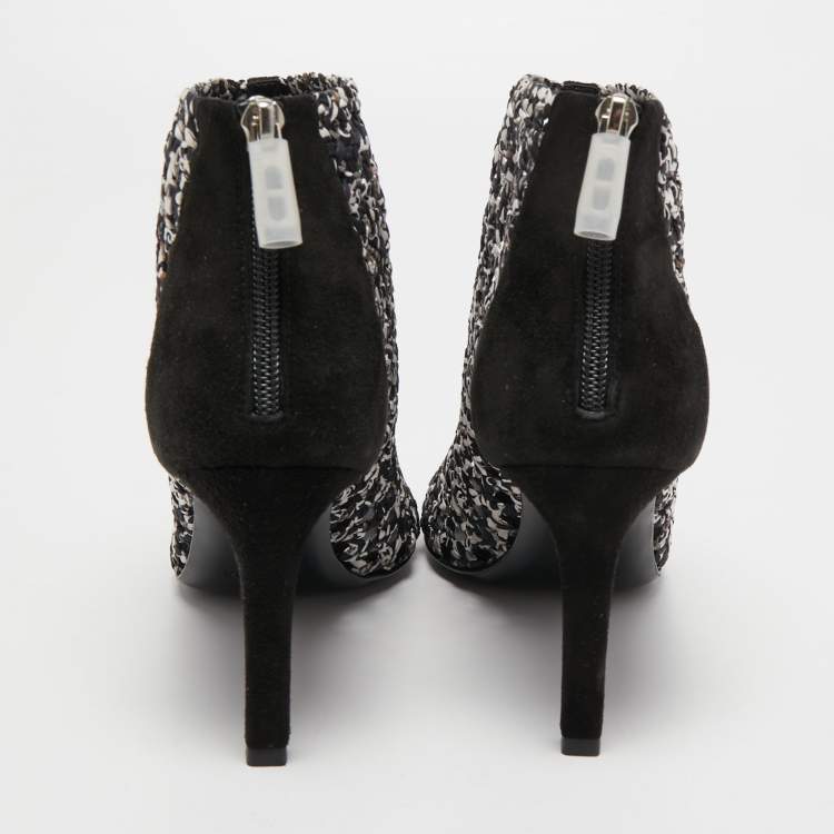 Pre Owned Hermes Black/White Woven Leather and Suede Ankle Boots Size 39 