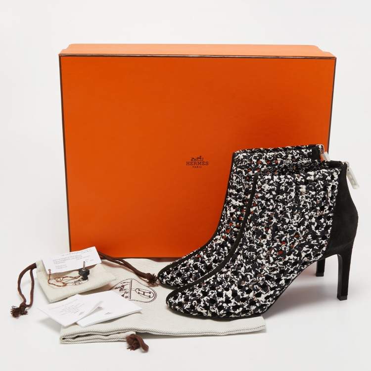 Pre Owned Hermes Black/White Woven Leather and Suede Ankle Boots Size 39 
