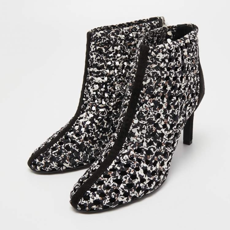 Pre Owned Hermes Black/White Woven Leather and Suede Ankle Boots Size 39 
