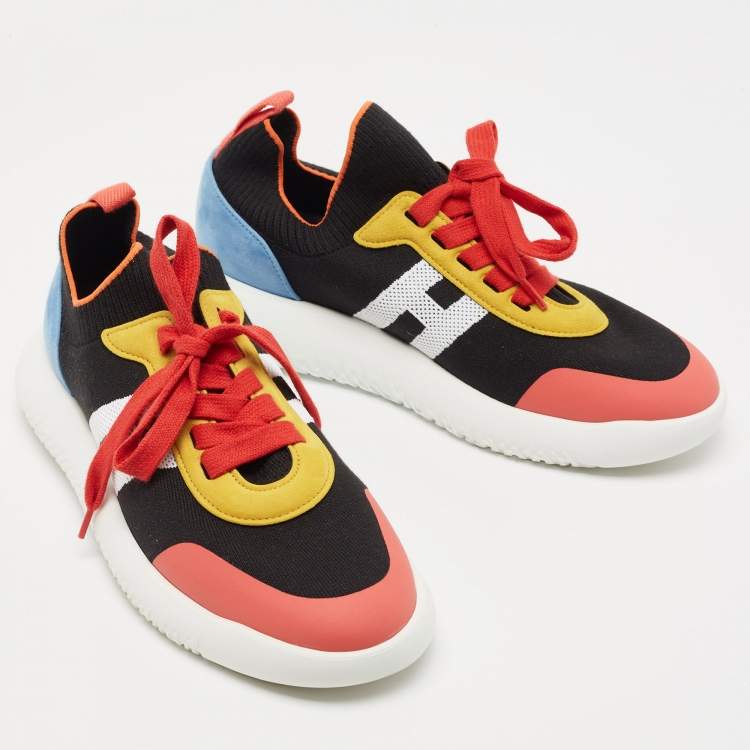 Pre Owned Hermes Multicolor Knit Fabric and Suede Crew Sneakers Size 39.5