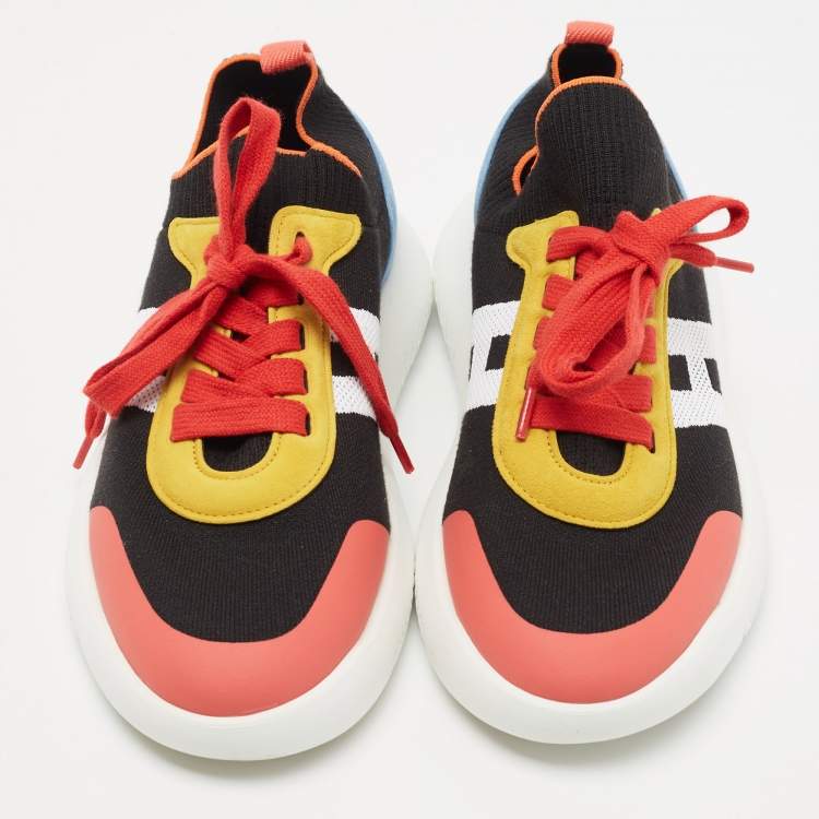 Pre Owned Hermes Multicolor Knit Fabric and Suede Crew Sneakers Size 39.5
