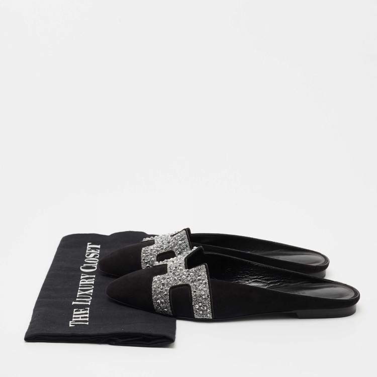 Pre Owned Hermes Black Suede Studded Roxane Mule Size 37