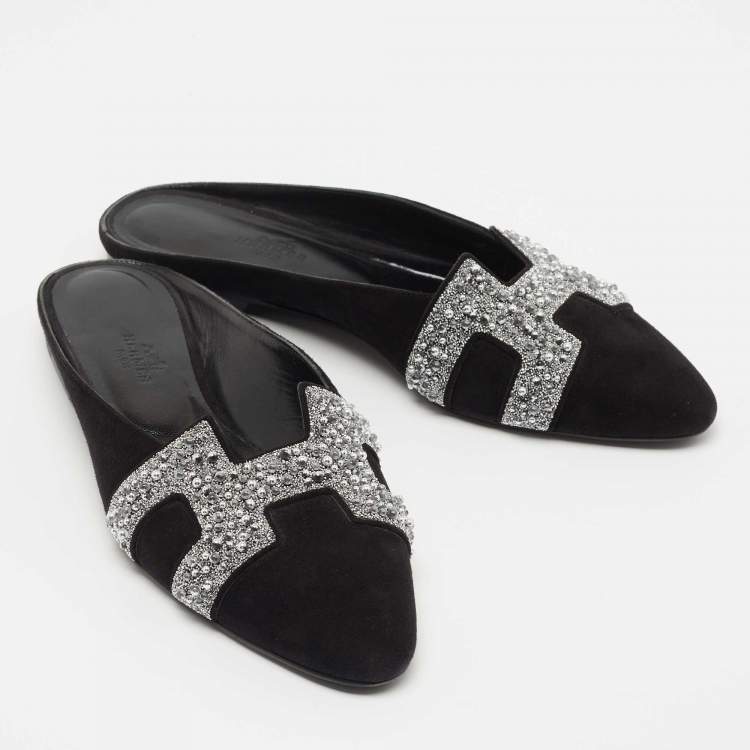 Pre Owned Hermes Black Suede Studded Roxane Mule Size 37