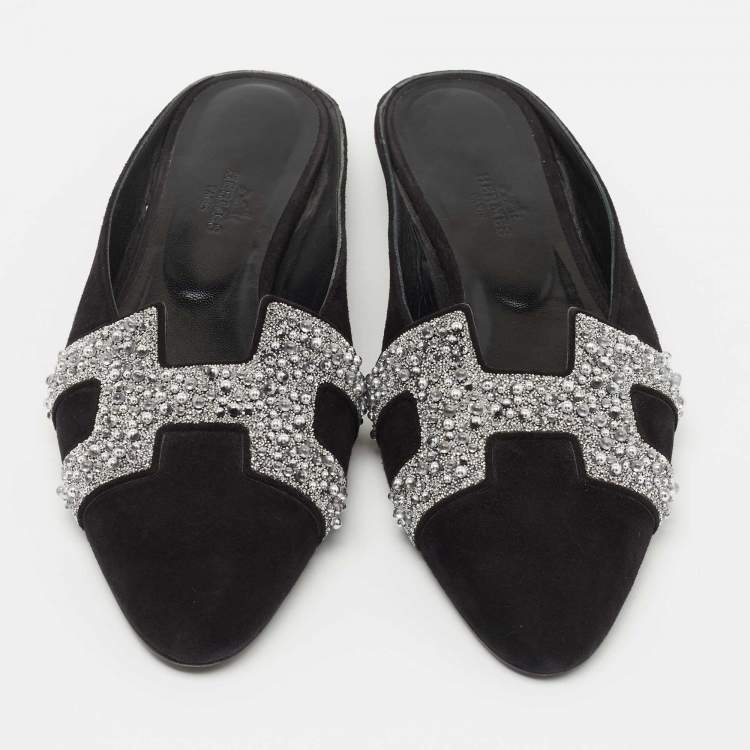 Pre Owned Hermes Black Suede Studded Roxane Mule Size 37