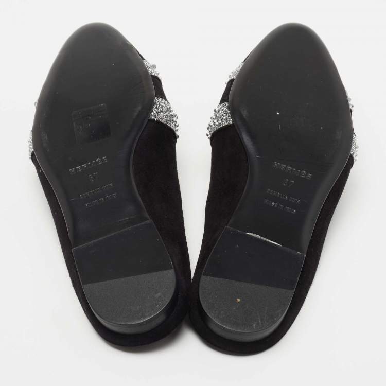 Pre Owned Hermes Black Suede Studded Roxane Mule Size 37