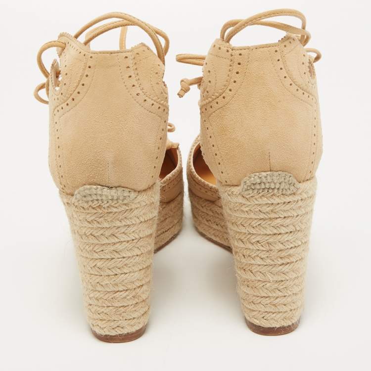Pre Owned Hermes Beige Suede Espadrille Wedge Platform Ankle Tie Sandals Size 39