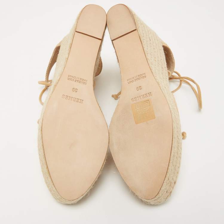 Pre Owned Hermes Beige Suede Espadrille Wedge Platform Ankle Tie Sandals Size 39