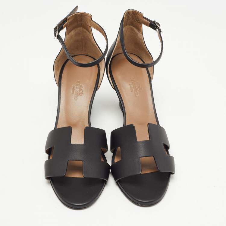 Pre Owned Hermes Black Leather Legend Wedge Ankle Strap Sandals Size 38