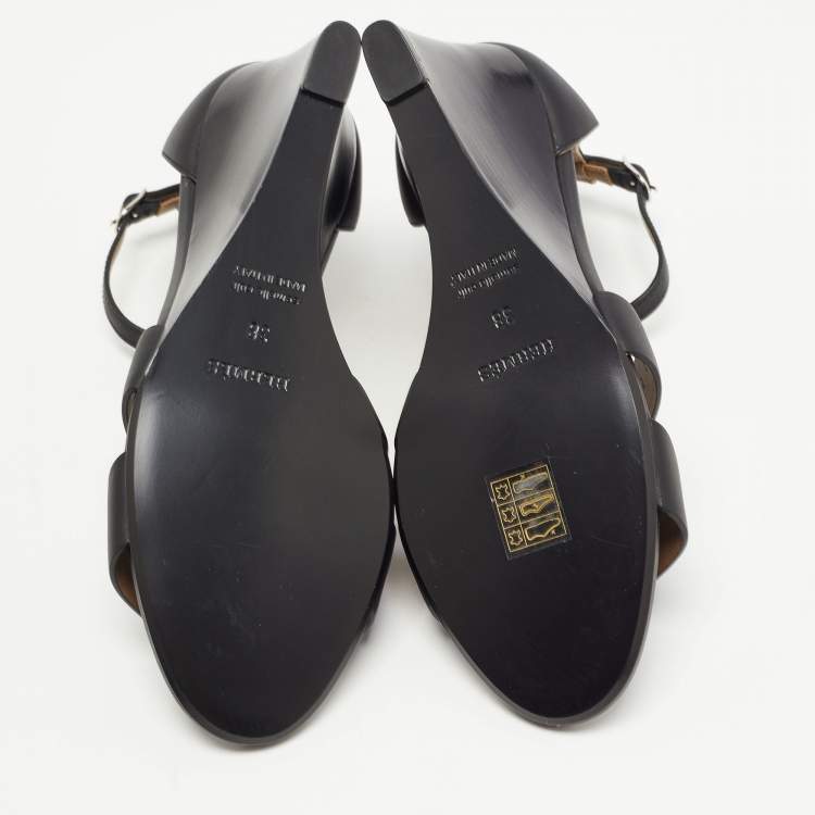Pre Owned Hermes Black Leather Legend Wedge Ankle Strap Sandals Size 38