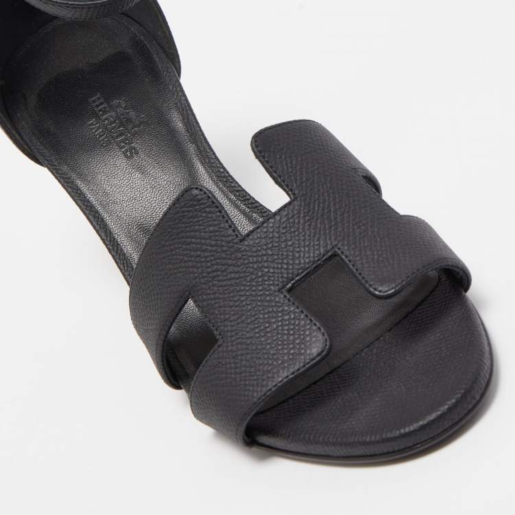 Pre Owned Hermes Black Leather Legend Ankle Strap Sandals Size 37