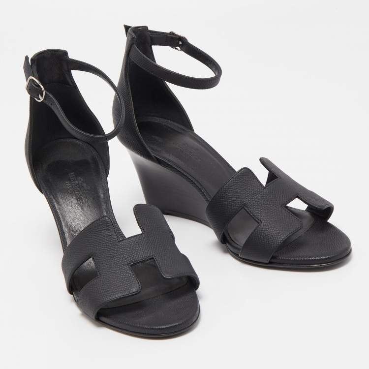 Pre Owned Hermes Black Leather Legend Ankle Strap Sandals Size 37