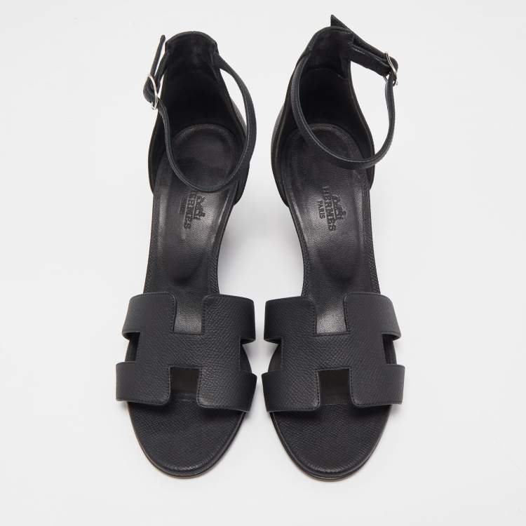 Pre Owned Hermes Black Leather Legend Ankle Strap Sandals Size 37