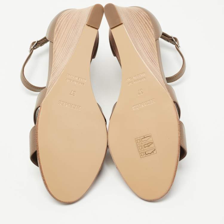 Pre Owned Hermes Brown Leather Legend Wedge Sandals Size 37