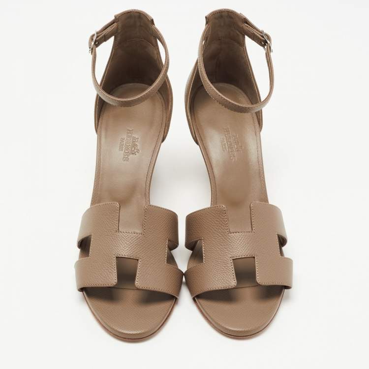 Pre Owned Hermes Brown Leather Legend Wedge Sandals Size 37
