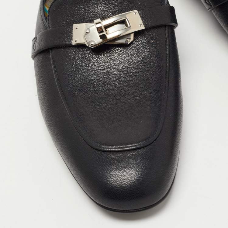 Pre Owned Hermes Black Leather Oz Flat Mules Size 37