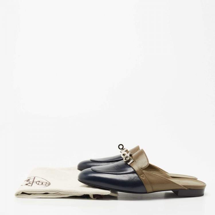 Pre Owned Hermes Navy Blue/Olive Green Leather Oz Flat Mules Size 37