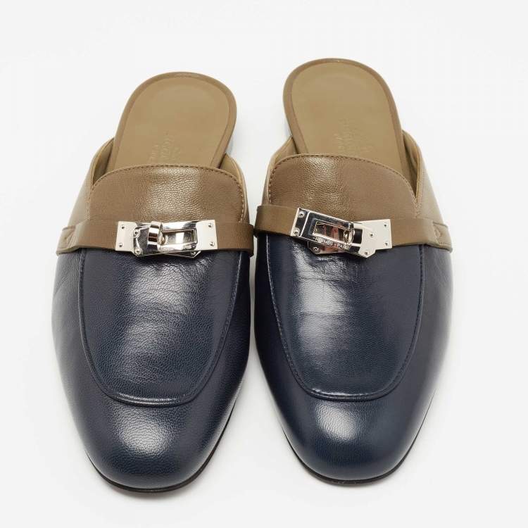 Pre Owned Hermes Navy Blue/Olive Green Leather Oz Flat Mules Size 37