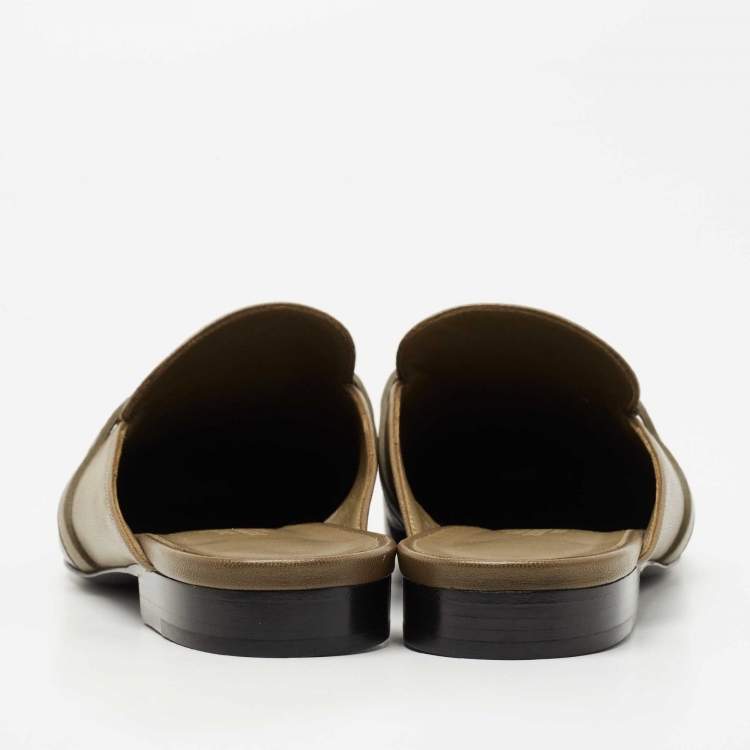Pre Owned Hermes Navy Blue/Olive Green Leather Oz Flat Mules Size 37