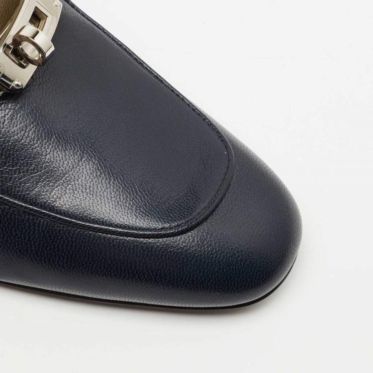 Pre Owned Hermes Navy Blue/Olive Green Leather Oz Flat Mules Size 37
