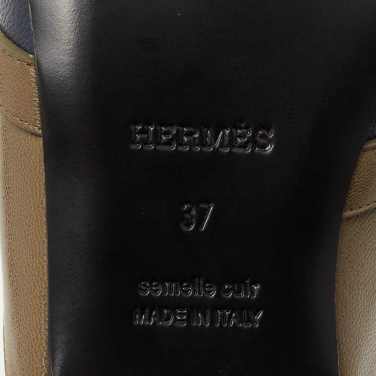 Pre Owned Hermes Navy Blue/Olive Green Leather Oz Flat Mules Size 37