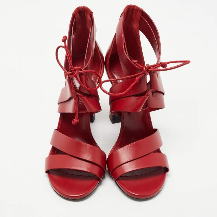 Pre Owned Hermes Red Leather Ankle Strap Sandals Size 38