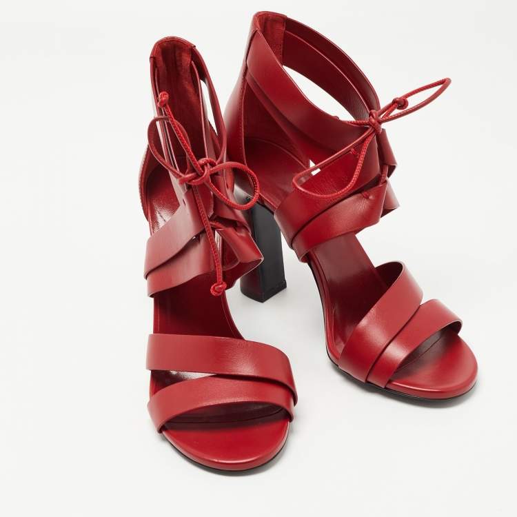 Pre Owned Hermes Red Leather Ankle Strap Sandals Size 38