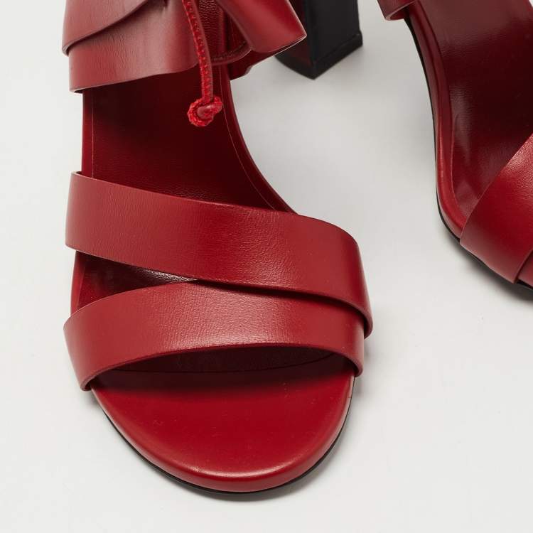 Pre Owned Hermes Red Leather Ankle Strap Sandals Size 38