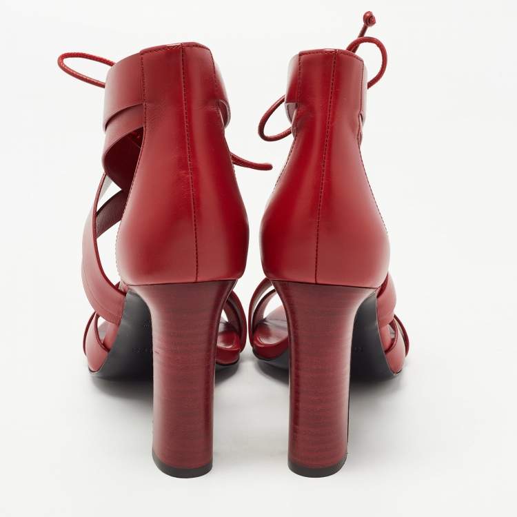 Pre Owned Hermes Red Leather Ankle Strap Sandals Size 38