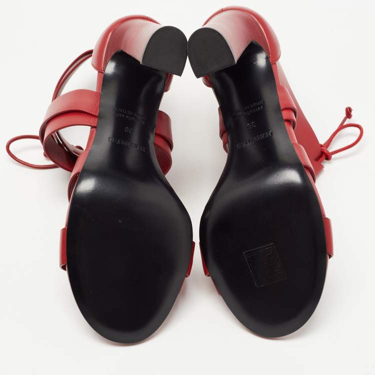 Pre Owned Hermes Red Leather Ankle Strap Sandals Size 38
