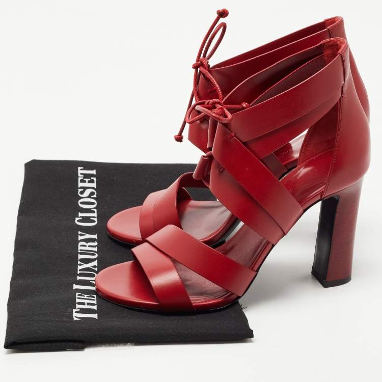 Pre Owned Hermes Red Leather Ankle Strap Sandals Size 38