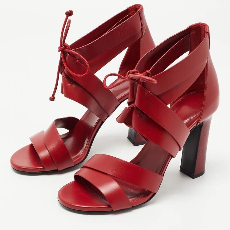 Pre Owned Hermes Red Leather Ankle Strap Sandals Size 38